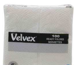 VELVEX READY FOLDED SERVIETTES100&#39;S
