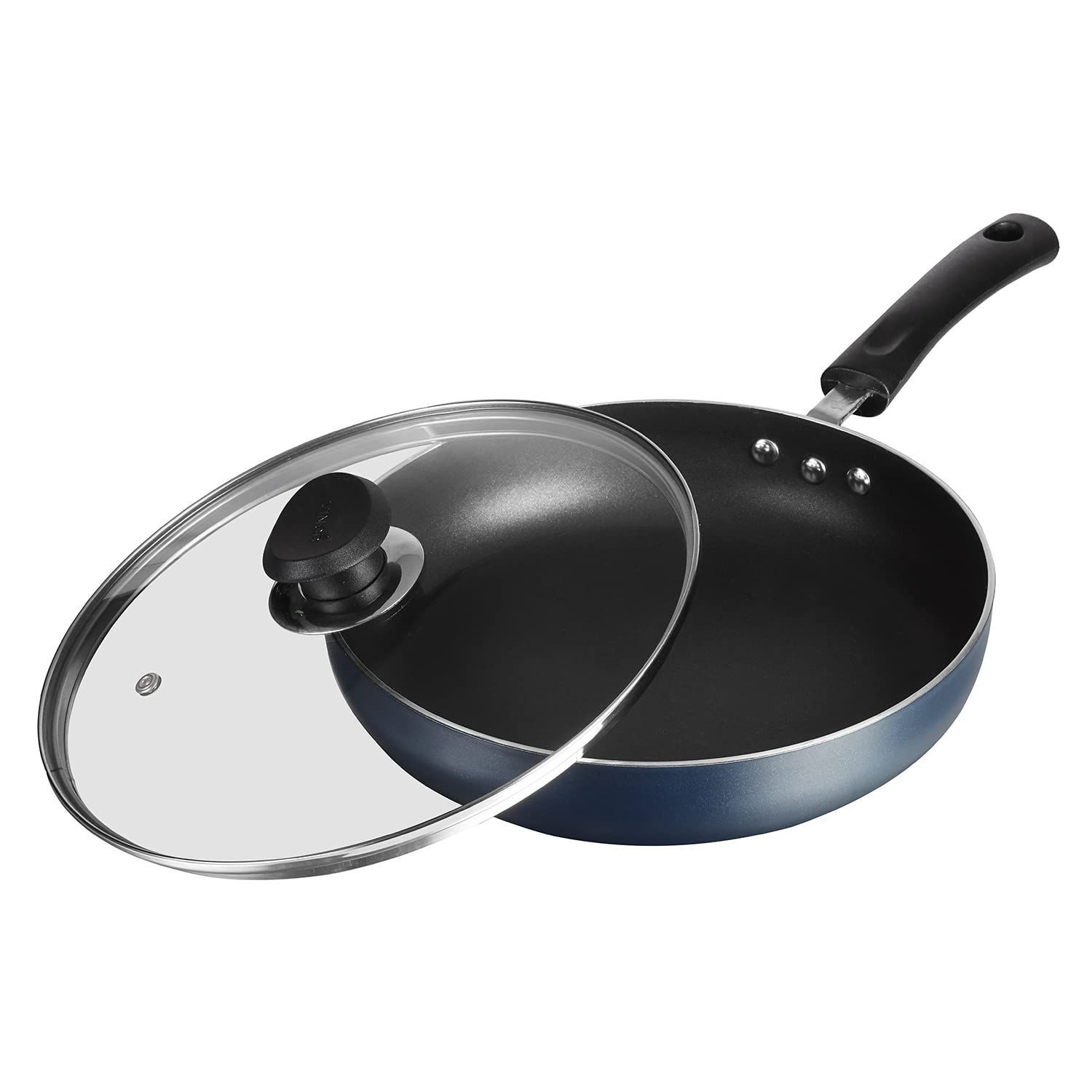 Vinod Zest Non-Stick Deep Frypan with Glass Lid 24cm Diamater, 3mm Thickness with Riveted Bakelite Handle