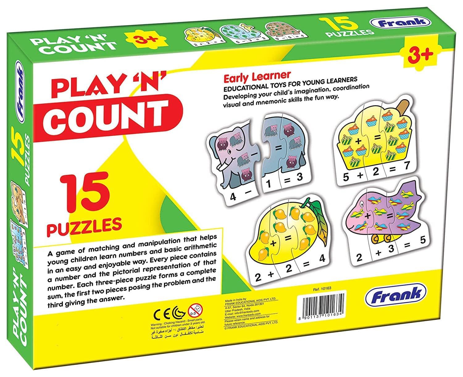 Frank Play ‘n’ Count Puzzle- (75 Pieces) 15 Self-Correcting 3 Pcs Puzzle - Early Learner Jigsaw Puzzle with Number and Images for Kids 3+ 10163