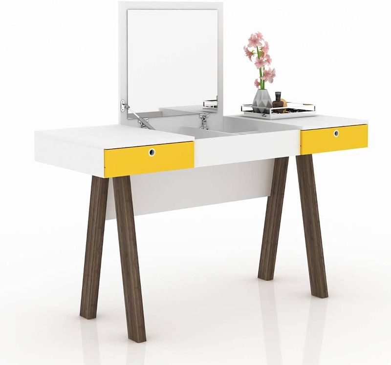 Tecnomobili wooden dressing table with 2 drawers and pull up mirror, white &amp; yellow, size: 75.5 cm*131.5 cm*52 cm PE2002.0002