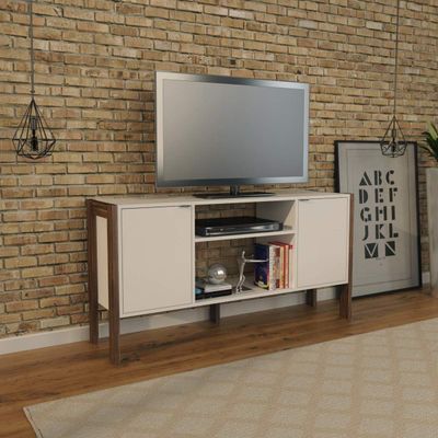 Tecnomobili Tv Stand Az1015.001 White With Walnut Frame - H 134 Cm X W 35.5 Cm X D 60 Cm