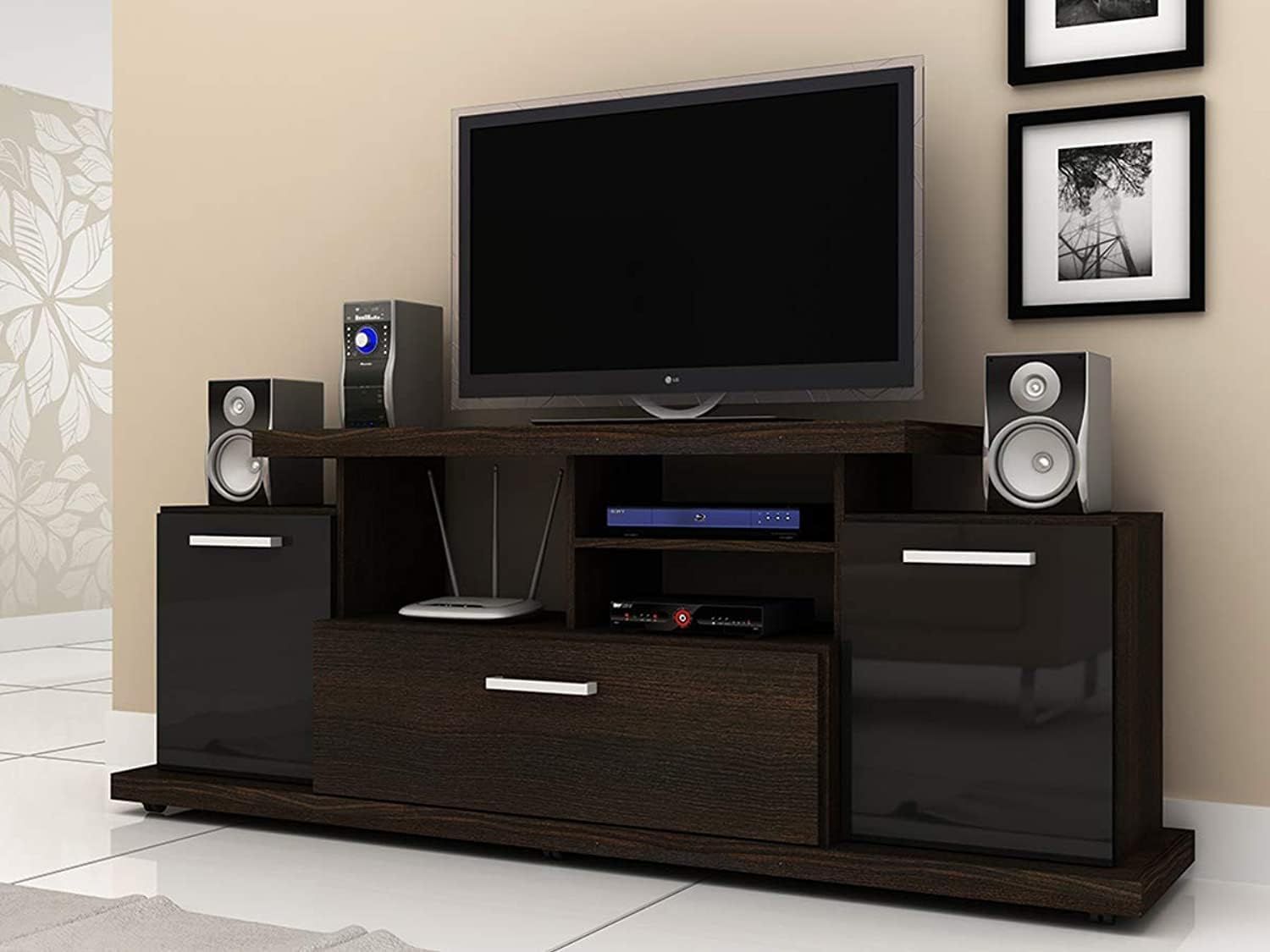 Tecnomobili R1456 Wooden Tv Stand - Brown, Size: 66.6 Cmx176 Cmx37.5 cm, Black