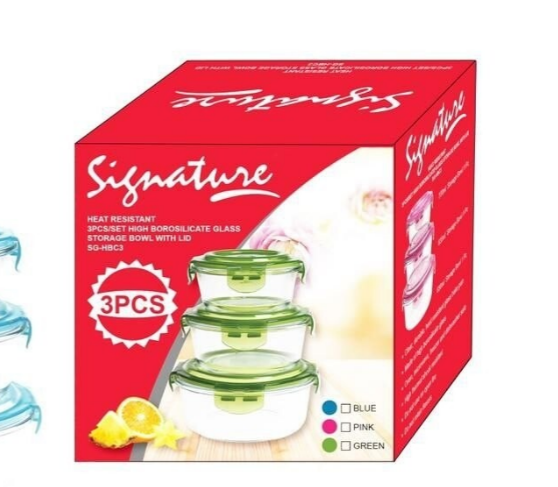 Signature Heat-Resistant Glass Storage Bowls with Lids 3pcs. 370ml, 635ml, 930ml SG-HBC3