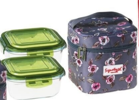 Signature glass Lunch Box 2pcs with plastic lid and thermal bag 800ml. HBS-B02