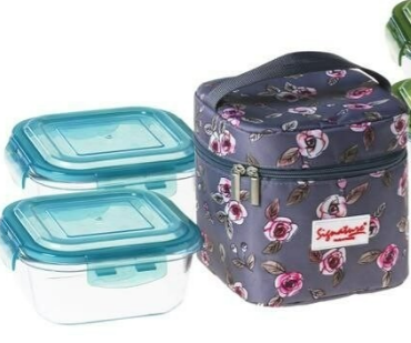 Signature high borosilicate glassware 2pcs lunchbox with plastic lid and thermal bag