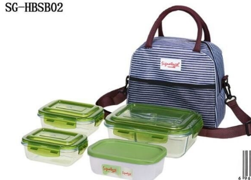 Signature Borosilicate 4pcs Lunch Box with Thermal Bag - 3x400ml + 950ml Storage Box (Model: SG-HBSB04)