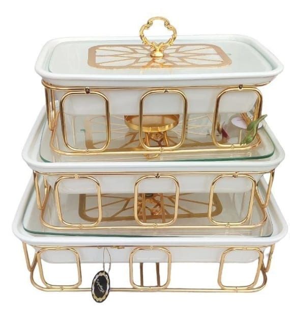 Signature 3pcs Rectangle Porcelain Casserole set  with Warmer Rack
