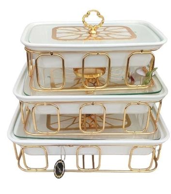 Signature 3pcs Rectangle Porcelain Casserole set  with Warmer Rack