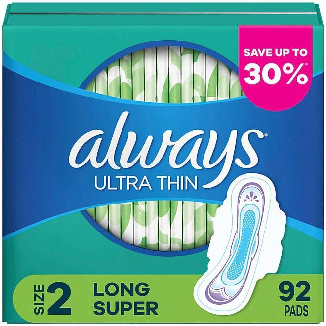 Always Ultra Thin Pads Size 2 Super Long Absorbency Unscented with Wings (92 ct)