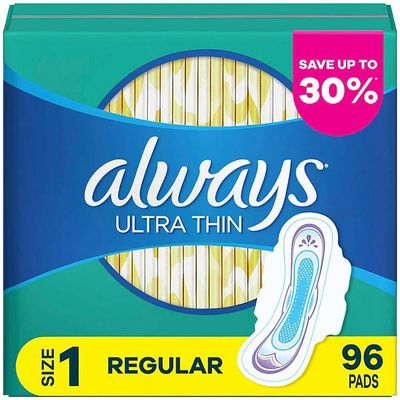 Always Ultra Thin Pads for Women, Size 1 Regular Absorbency Without Wings Unscented, 96 count