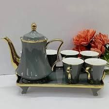 Grey and Gold Ceramic Tea Set with Teapot and 6 Cups