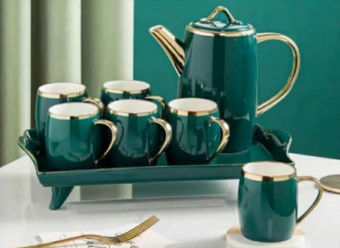 Emerald Green and Gold Ceramic Tea Set with Teapot and 6 Cups