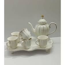 White and Gold Ceramic Tea Set with Teapot and 6 Cups