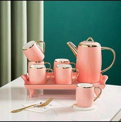 Pink and Gold Ceramic Tea Set with Teapot and 6 Cups