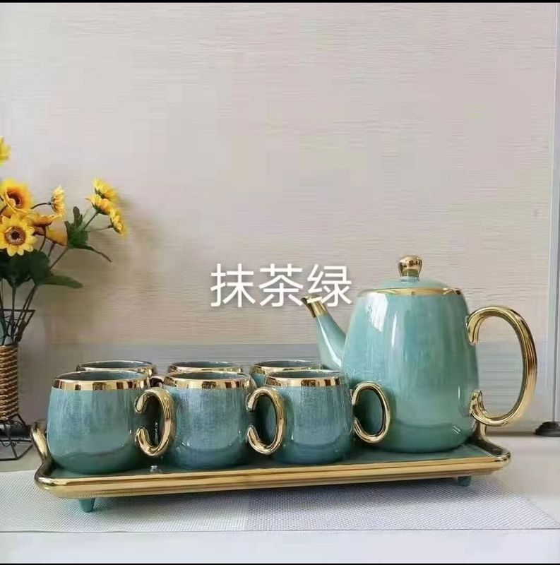 Green and Gold Ceramic Tea Set with Teapot and 6 Cups