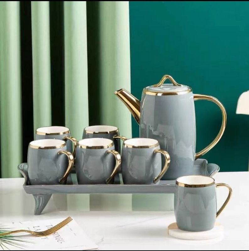 Grey 7-Piece Ceramic Tea Set with Gold Accents