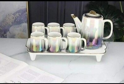 Rainbow and Gold Ceramic Tea Set with Teapot and 6 Cups