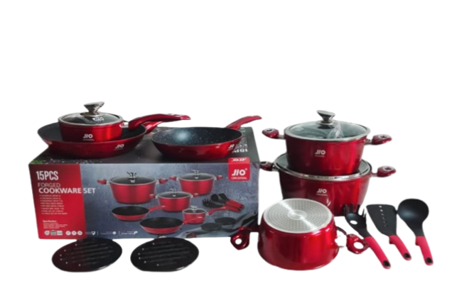 Redberry 15-Piece Non-Stick Forged Cookware Set with Induction Base (Red) U024315
