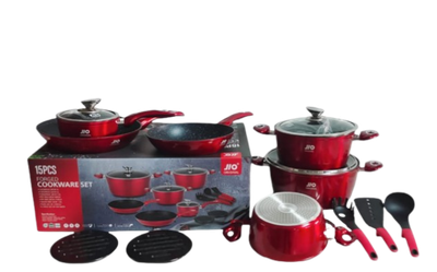 Redberry 15-Piece Non-Stick Forged Cookware Set with Induction Base (Red) U024315