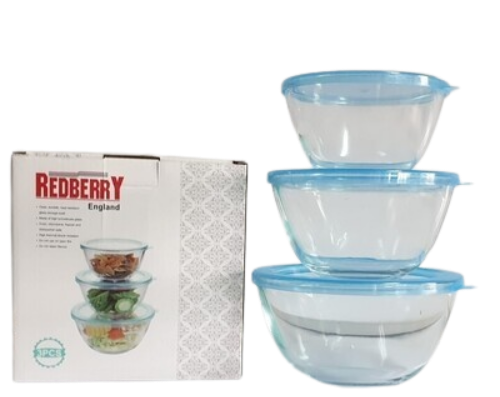 Redberry 3pcs glass casserole set with plastic lid. round. C128 C148 C168.375ml 625ml 1000ml