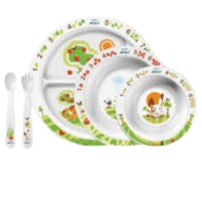 Jungle Buddies Baby Feeding Set, 2pcs Bowls 1pc divided Plate, Fork &amp; Spoon In window Box Girl #LE15363