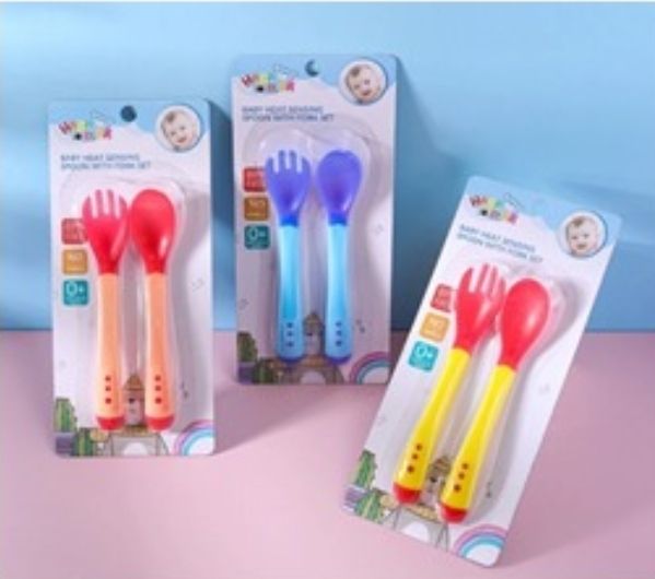 Baby 2pcs Heat Sensitive Spoon &amp; Fork on blister pack  JR-8008