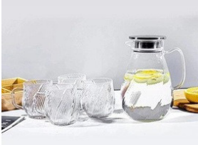CK Borosilicate Glass Jug Set with 6 Cups - 1650ml, Swirly Design (0569)
