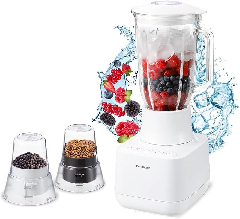 Panasonic Ice Crushing Blender 700W Smoothie Maker, 2L Glass Jug, 2 Dry Mills, Durable Sawtooth Blades, White, MX-MG5321WTZ