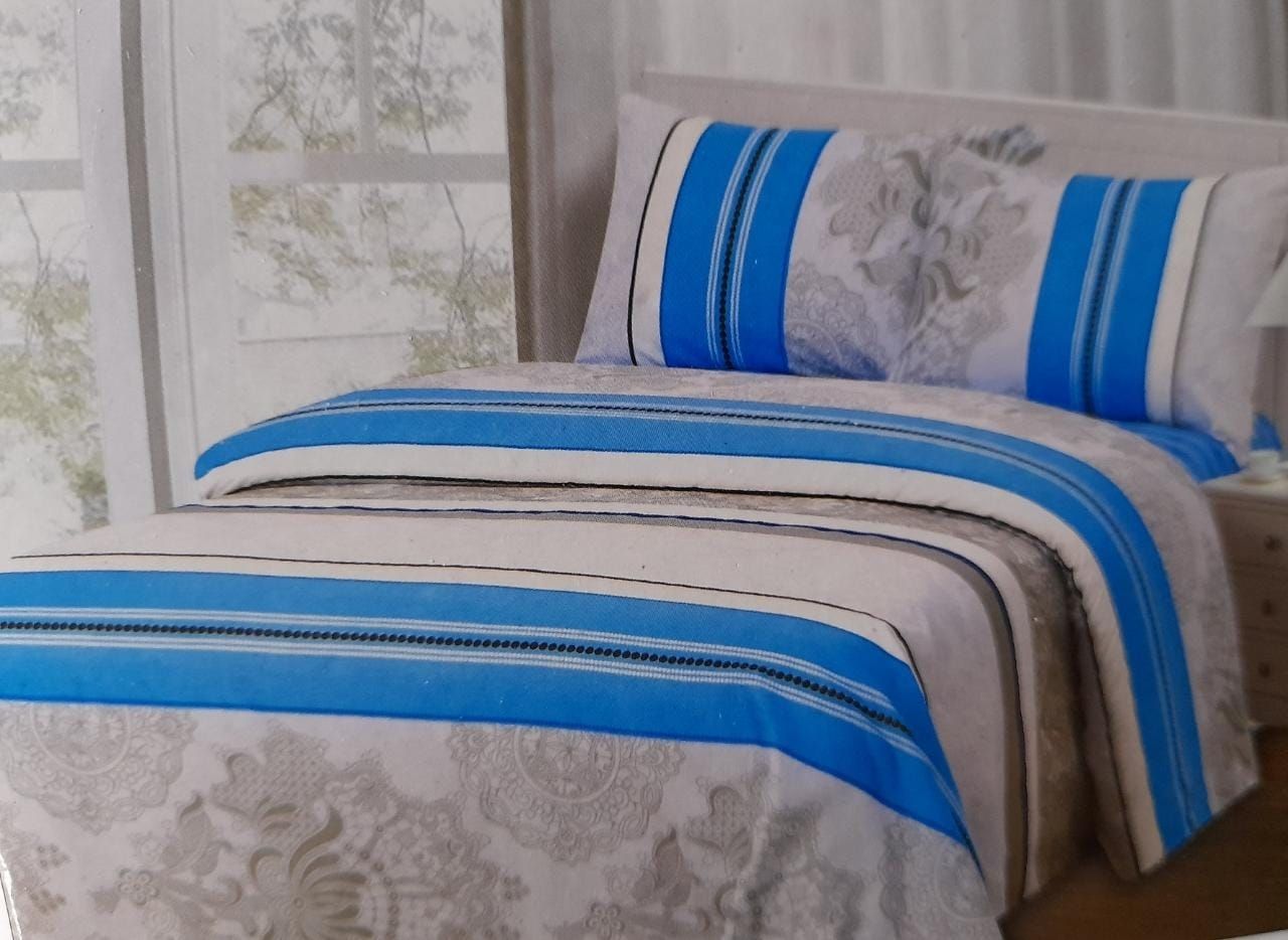 Home Living  Blue, Beige &amp; Mustard Patterned Flat sheets(2) with 2 pillow cases Queen Size