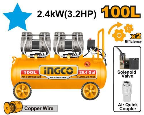 Ingco 2.4kW (3.2HP) 100L Oil-Free Air Compressor - ACS2241001