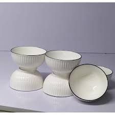 5.5-inch Ceramic Bowls - Set of 6 - Ribbed Design with Black Rim (8628)