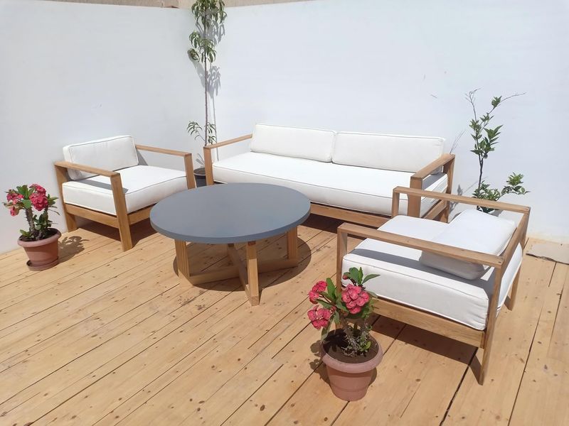 Modern Teak Wood Outdoor Lounge Set with White Cushions 6 Seater