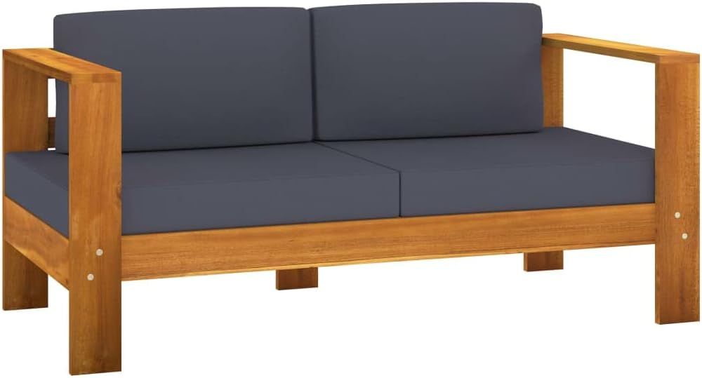 Modern Acacia Wood Outdoor Loveseat with Dark Grey Cushions 2 seater