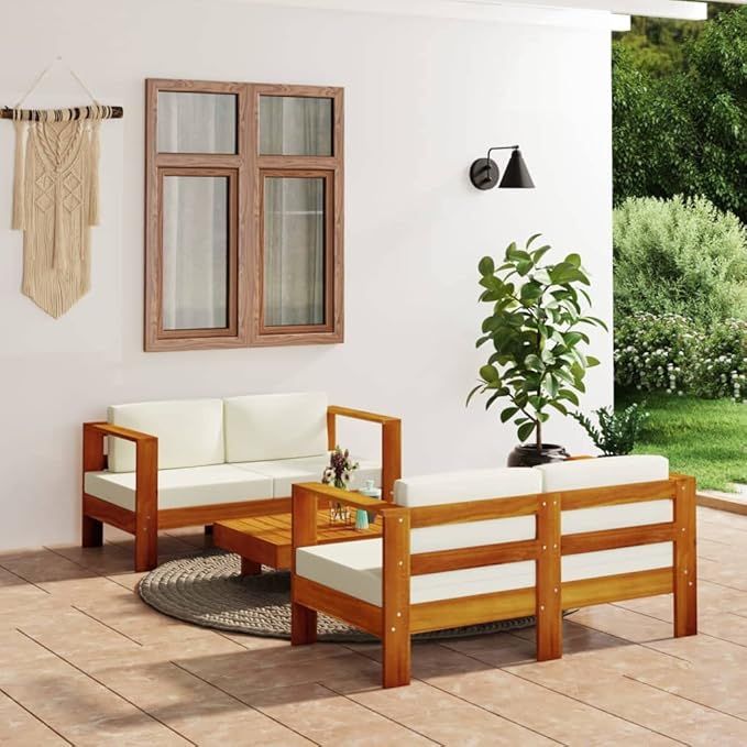 Modern Acacia Wood Outdoor Conversation Set with Cream Cushions