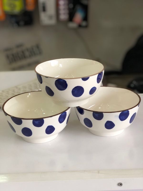KitchenPro 3-Piece Ceramic Bowl Set - White with Blue Polka Dots Design -17781