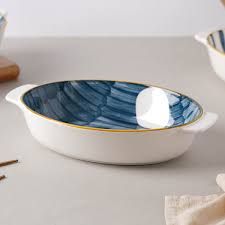 KitchenPro 9&quot; Ceramic Oval Plate with Sunburst Pattern white &amp; Blue (7459)