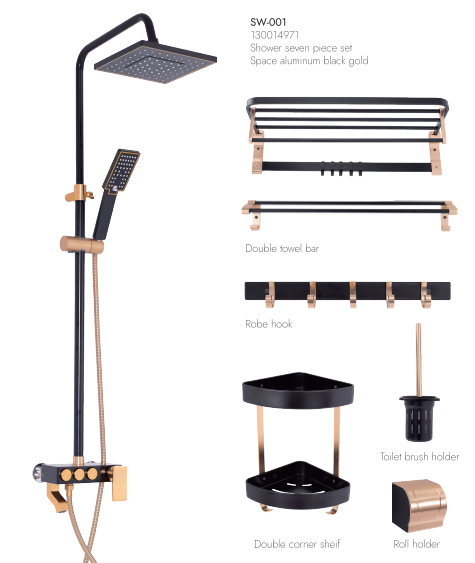 Frencia Complete 7-Piece Black Gold Shower Set - SW-001