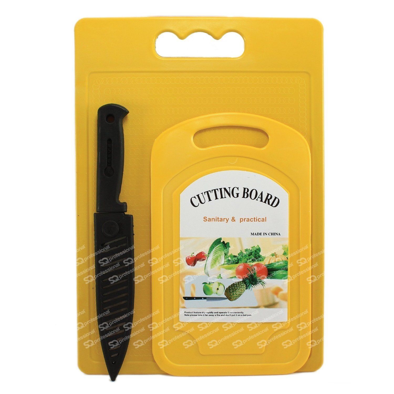 PARIS Plastic Chopping board set of 3: 2 chopping boards &amp; Knife in size 30x14cm 115721 Yellow
