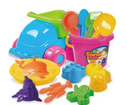 Beach Toys With Truck Total 14pcs/set With Pattern On The Bucket, In Net Bag (990)