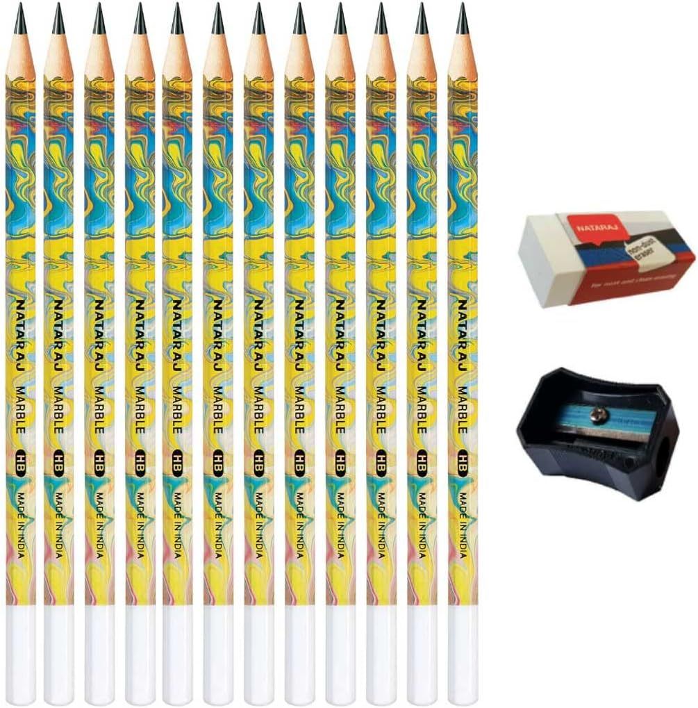 Nataraj 12 x Marble Writing Pencils With Sharpener &amp; Non-Dust Eraser Long Lasting Bonded Lead HB Pencils