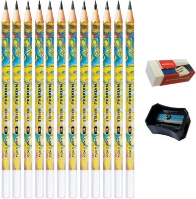 Nataraj 12 x Marble Writing Pencils With Sharpener &amp; Non-Dust Eraser Long Lasting Bonded Lead HB Pencils