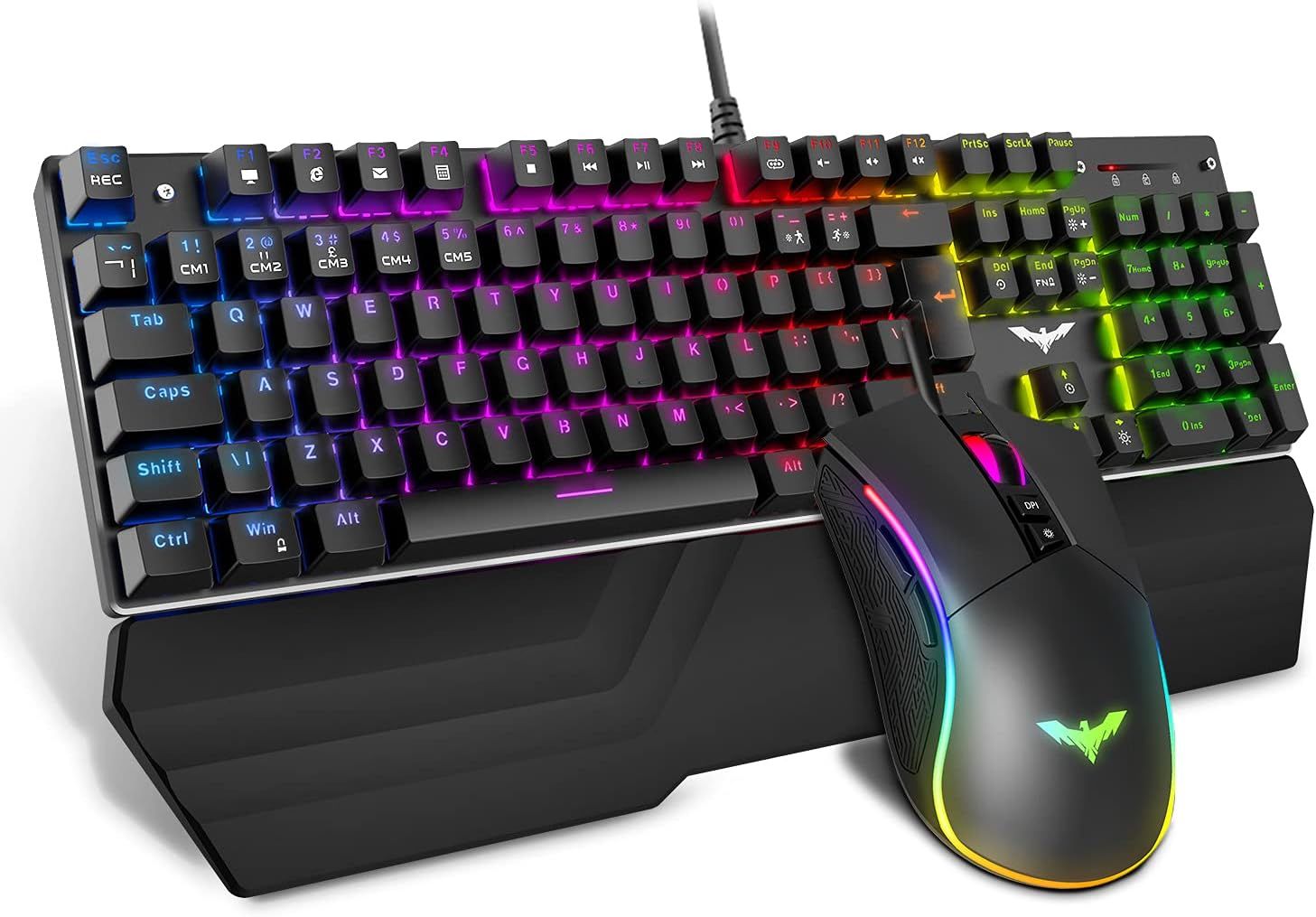 HAVIT HV-KB389L Wired RGB Mechanical Gaming Keyboard &amp; Mouse Combo Set UK Layout, Blue Switch Mechanical Keyboard with Detachable Ergonomic Wrist Rest 4800Dots Per Inch