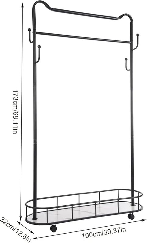 68 Inch Floor Clothes Rack with Wheels, Mobile Clothing Rack with Storage Basket Standing Coat Rack with Hooks Black for Bedroom Living Room Cloakroom