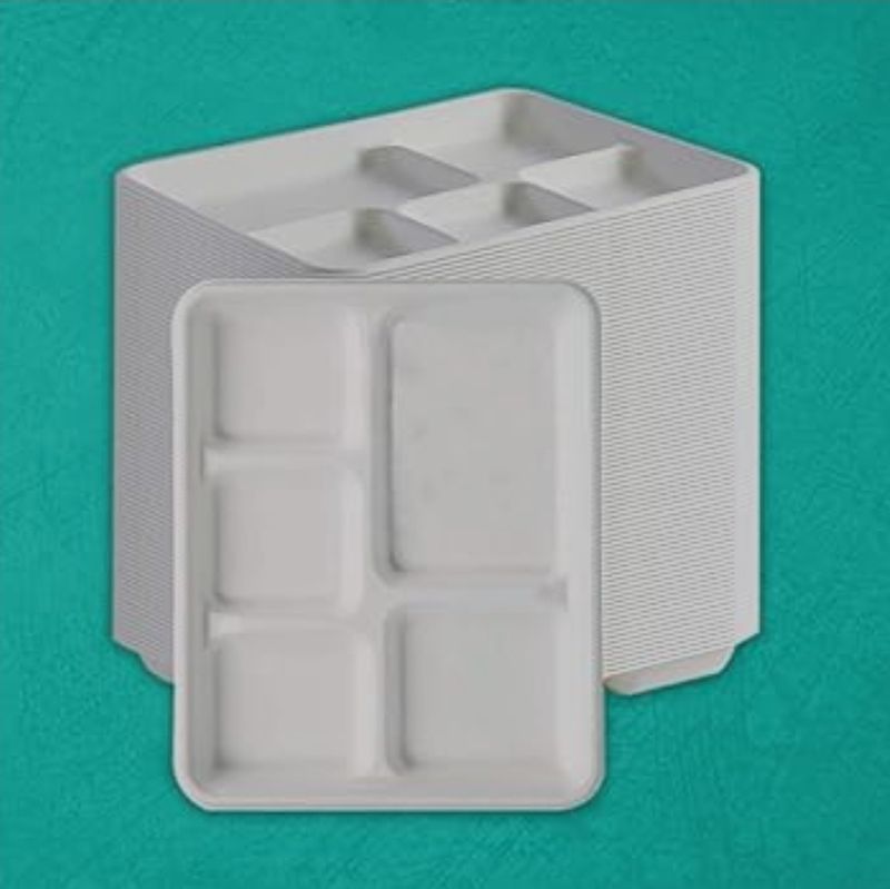 Disposable Plate with 5 Partitions10.5"x8.5"  - Biodegradable, Made of Sugar Cane Bagasse, Color Light Brown | Pack of 20pcs