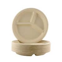 Party Plates 9&quot; Round Disposable Plate with 3 Partitions - Biodegradable, Made of Sugar Cane Bagasse, Color Light Brown | Pack of 20pcs