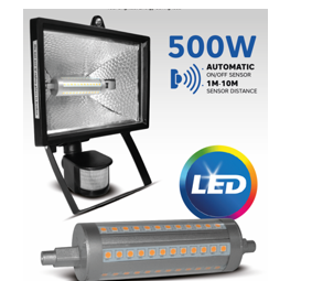 500W Halogen Floodlight with Sensor and 14W LED R7S Replacement Lamp