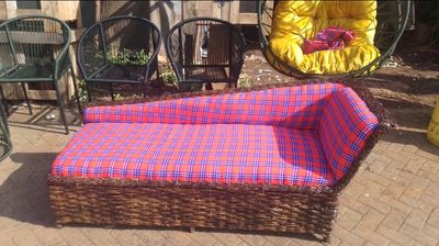 Handcrafted Kenyan Chaise Lounge with Authentic Masai Shuka Upholstery