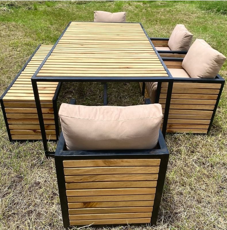 Anko Modern 8-Seater Outdoor Dining Set with Slatted Wood &amp; Steel Frame - Canvas Cushions