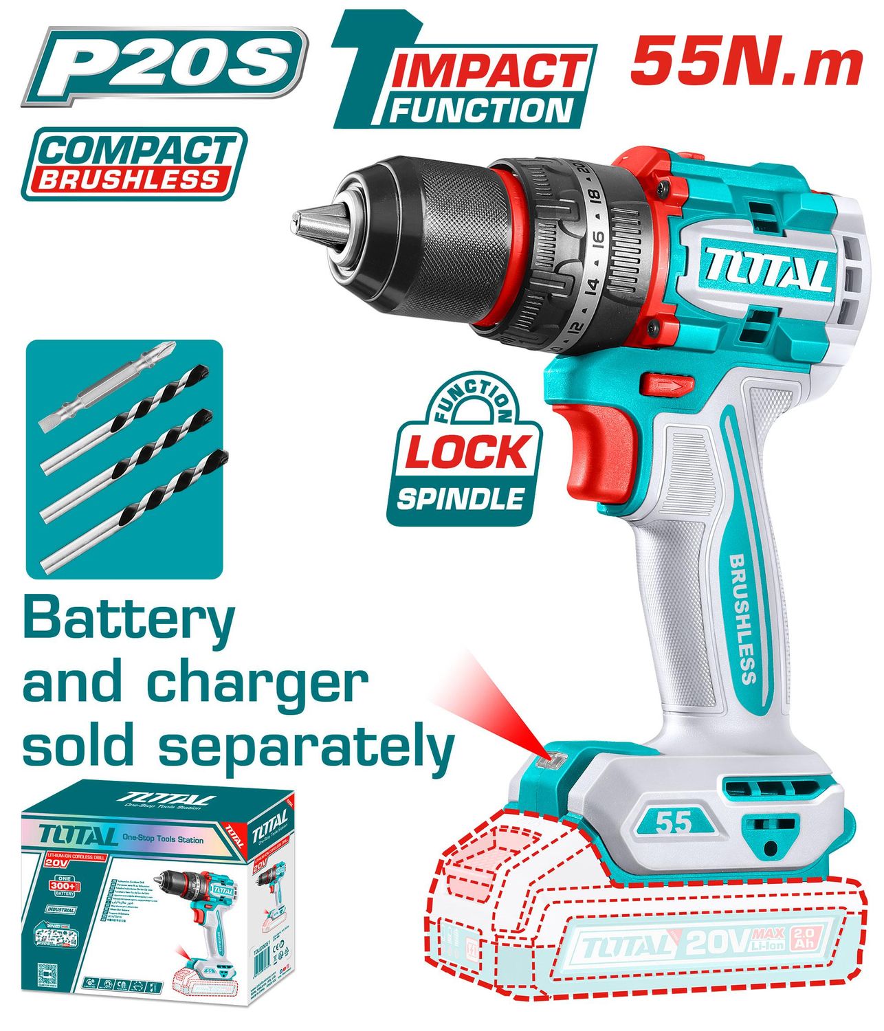 TOTAL TIDLI205581 Compact Brushless Cordless Impact Drill