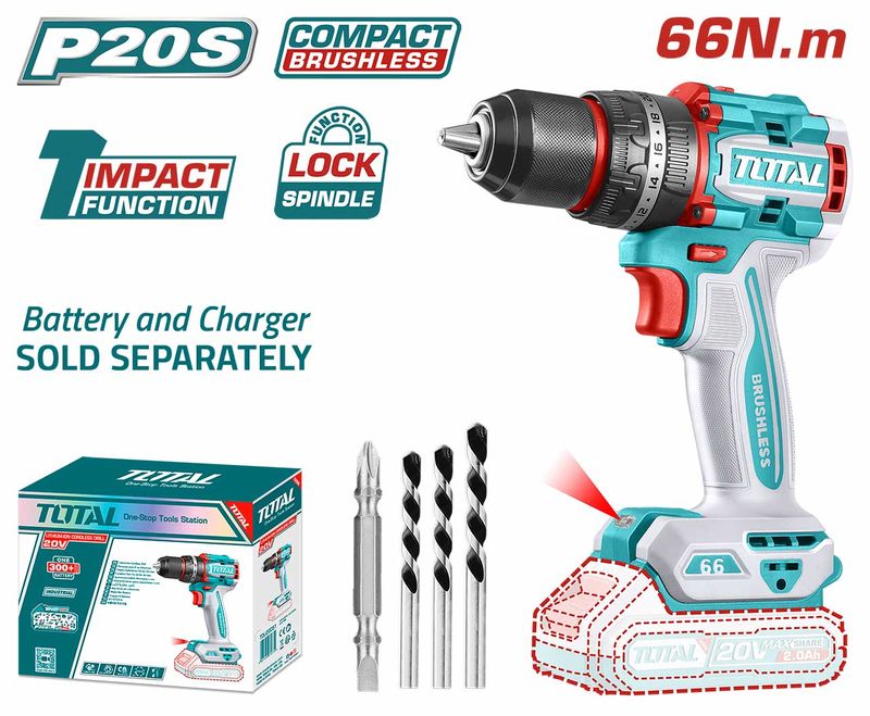 TOTAL TIDLI206681 Li-ion Compact Impact Drill, Max torque: 66Nm